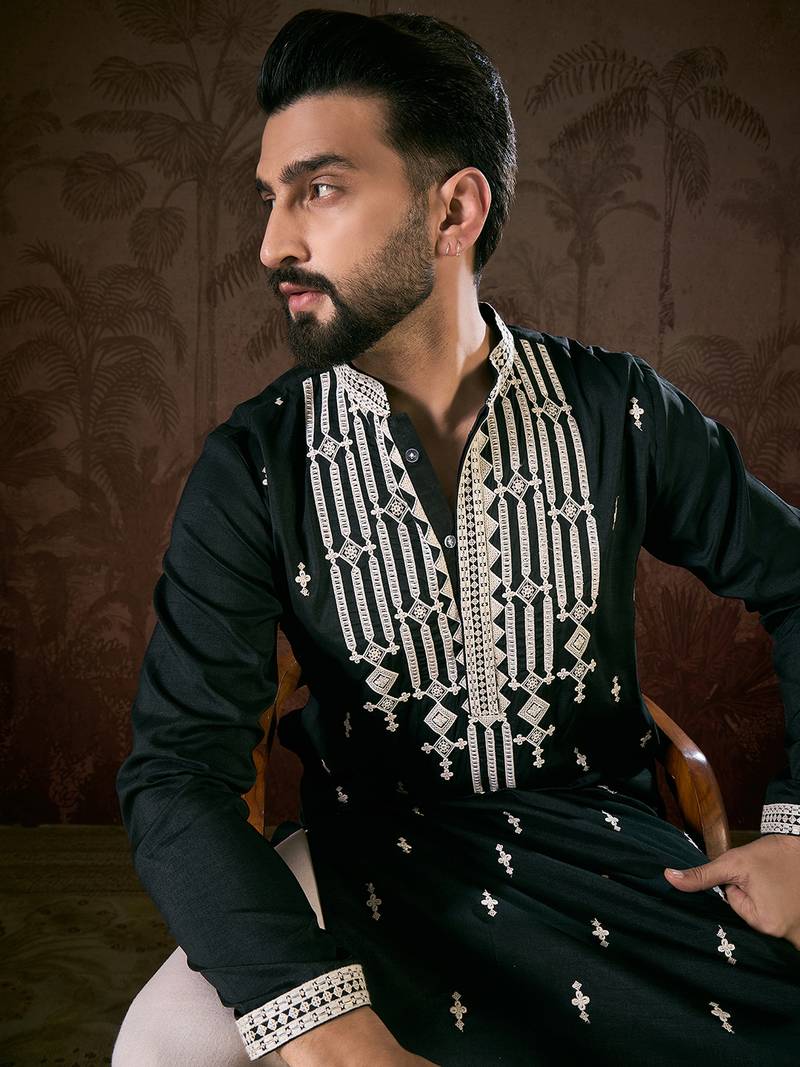 Men black silk blend solid embroidered straight kurta