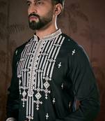 Men black silk blend solid embroidered straight kurta