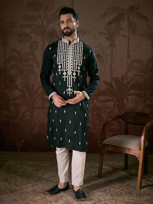 Men black silk blend solid embroidered straight kurta 2