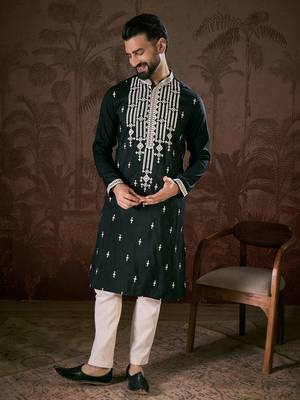 Men black silk blend solid embroidered straight kurta 3