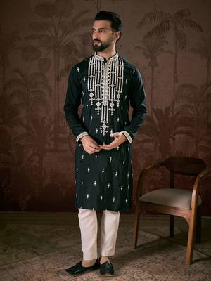 Men black silk blend solid embroidered straight kurta 5