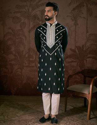 Men black silk blend solid embroidered straight kurta 3