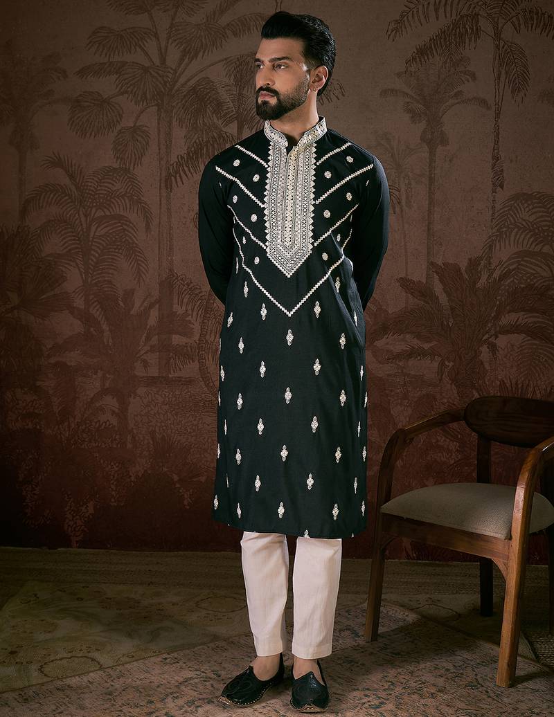 Men black silk blend solid embroidered straight kurta