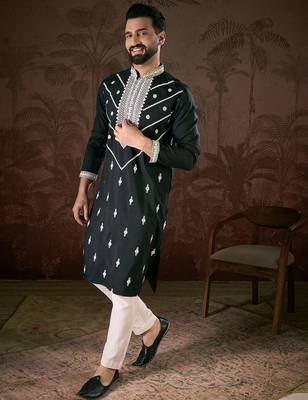 Men black silk blend solid embroidered straight kurta 1