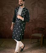 Men black silk blend solid embroidered straight kurta