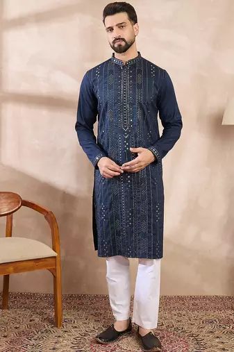 Men blue silk blend geometric embroidered straight kurta