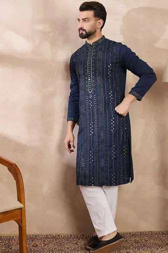 Men blue silk blend geometric embroidered straight kurta