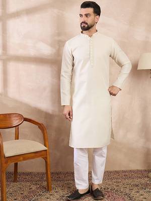 Men off white silk blend solid woven design straight kurta 5