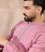 Men pink silk blend solid woven design straight kurta