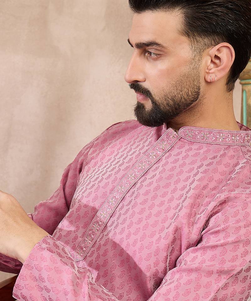 Men pink silk blend solid woven design straight kurta