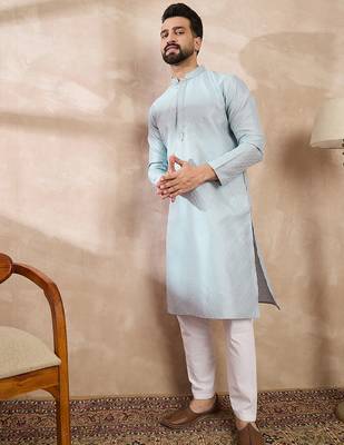 Men blue silk blend solid woven design straight kurta 3
