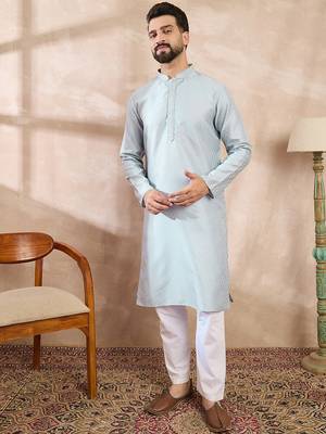 Men blue silk blend solid woven design straight kurta 5