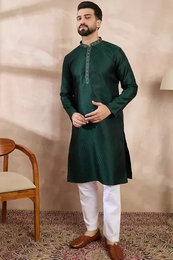 Men green silk blend solid woven design straight kurta