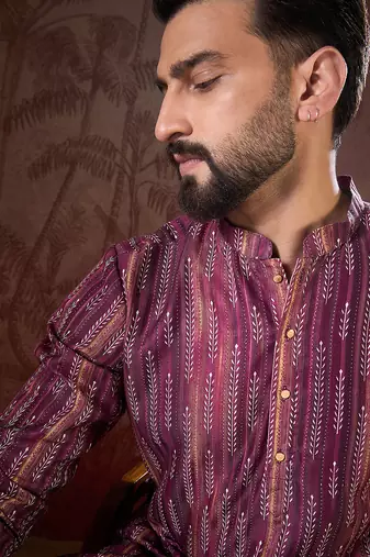 Men purple silk blend striped printed straight kurta