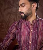 Men purple silk blend striped printed straight kurta