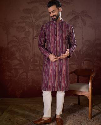 Men purple silk blend striped printed straight kurta 2