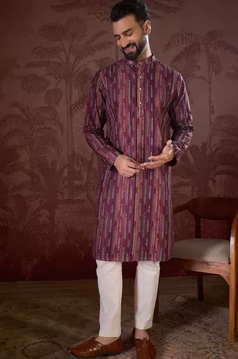 Men purple silk blend striped printed straight kurta