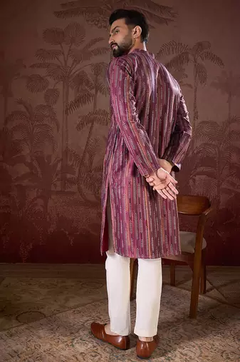 Men purple silk blend striped printed straight kurta