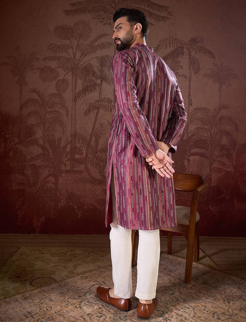 Men purple silk blend striped printed straight kurta