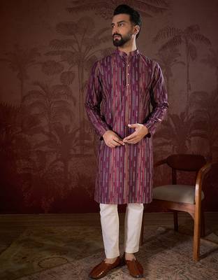 Men purple silk blend striped printed straight kurta 5