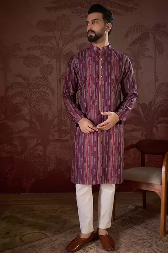 Men purple silk blend striped printed straight kurta