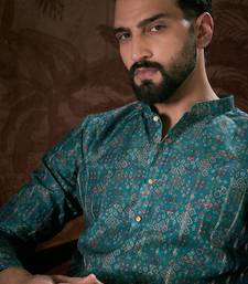 Men blue silk blend ethnic motifs printed straight kurta
