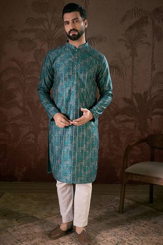 Men blue silk blend ethnic motifs printed straight kurta