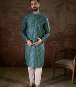 Men blue silk blend ethnic motifs printed straight kurta