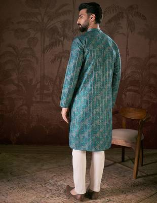 Men blue silk blend ethnic motifs printed straight kurta 4