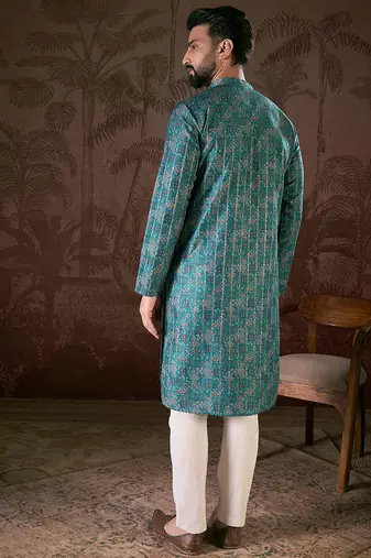 Men blue silk blend ethnic motifs printed straight kurta