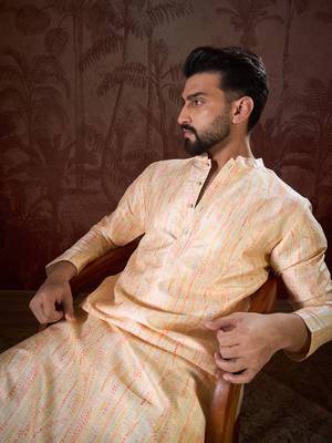 Men cream silk blend abstract printed straight kurta 2