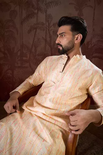 Men cream silk blend abstract printed straight kurta