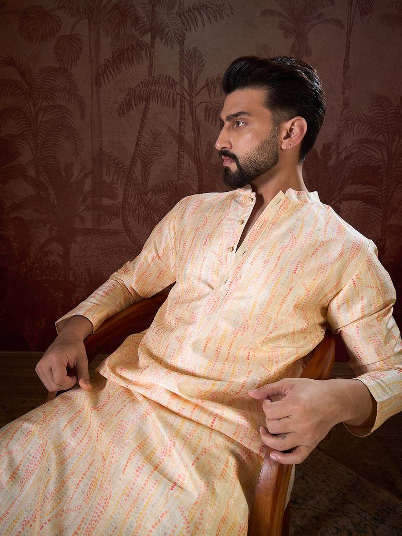 Men cream silk blend abstract printed straight kurta