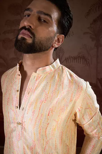 Men cream silk blend abstract printed straight kurta
