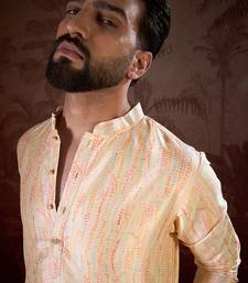 Men cream silk blend abstract printed straight kurta