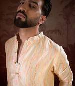 Men cream silk blend abstract printed straight kurta