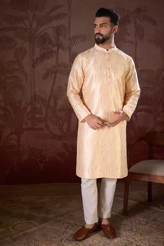 Men cream silk blend abstract printed straight kurta