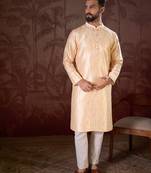 Men cream silk blend abstract printed straight kurta