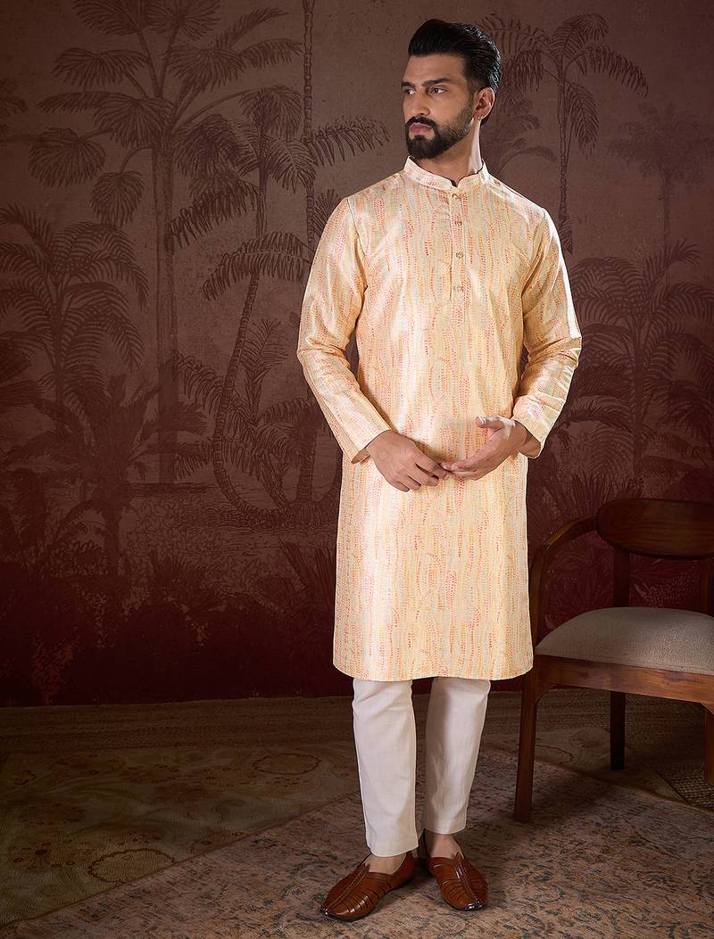 Men cream silk blend abstract printed straight kurta