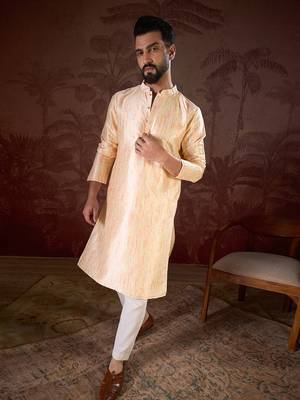 Men cream silk blend abstract printed straight kurta 3