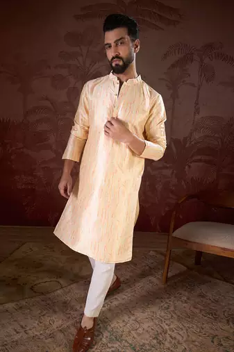 Men cream silk blend abstract printed straight kurta