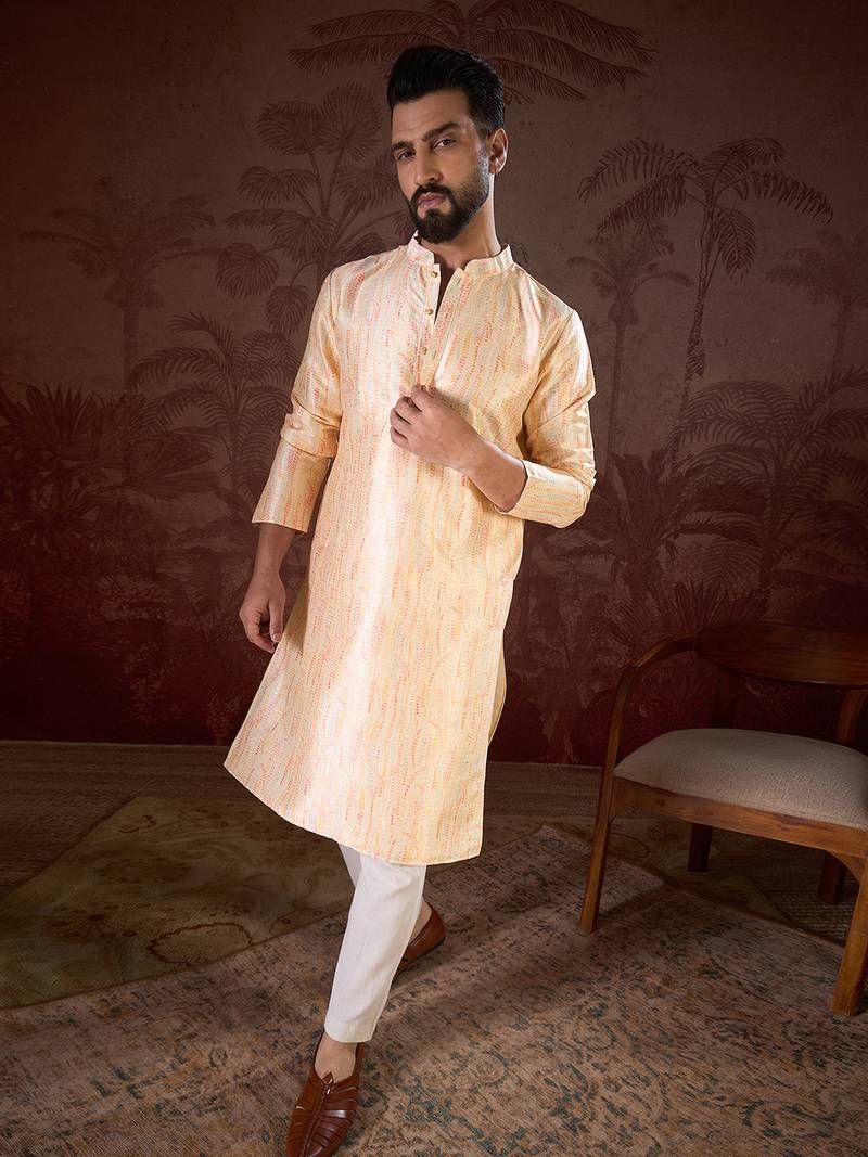 Men cream silk blend abstract printed straight kurta