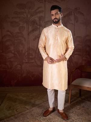 Men cream silk blend abstract printed straight kurta 5