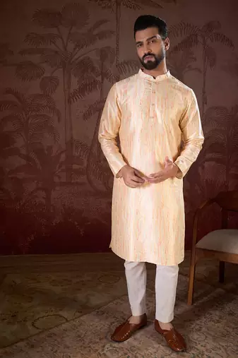 Men cream silk blend abstract printed straight kurta