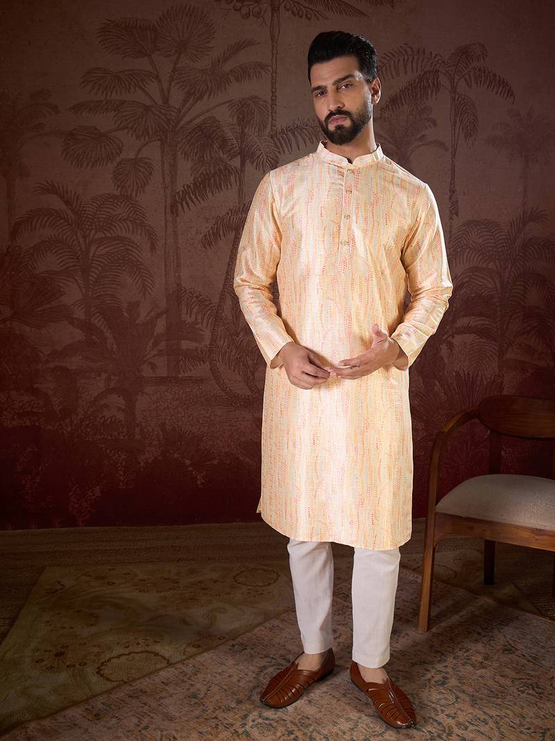 Men cream silk blend abstract printed straight kurta