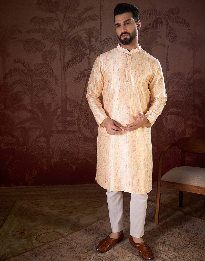 Men cream silk blend abstract printed straight kurta