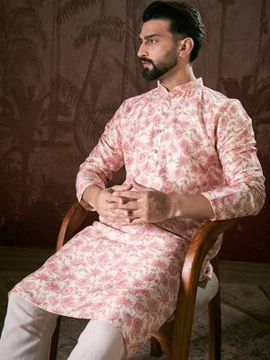 Men baby pink silk blend floral printed straight kurta 2