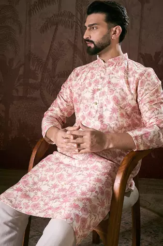 Men baby pink silk blend floral printed straight kurta