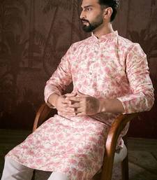Men baby pink silk blend floral printed straight kurta