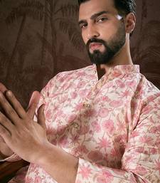 Men off white silk blend floral printed straight kurta